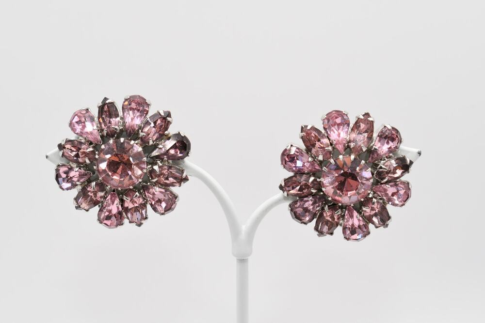 Weiss Vintage Pink Rhinestone Clip Earrings Rhodium 1960s Signed